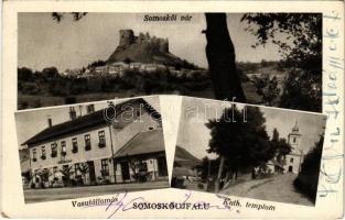 1933 Somoskőújfalu, Somoskői vár (Hrad Somoska), Vasútállomás, Római katolikus templom (gyűrődések / creases)