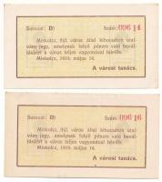 1919. Miskolc 05.14. 2K "Miskolcz város" utalvány-jegye (2x) egyugrásos sorkövetők "D...
