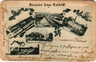 1902 Kula, Bácskula; Községháza, vasúti indóház, vasútállomás, vendéglő, étterem, keleti látkép. Schröder István fénynyomdai műintézete / town hall, railway station, restaurant, Eastern view. Art Nouveau, floral (szakadások / tears)