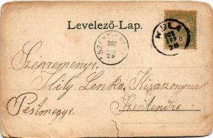 1902 Kula, Bácskula; Községháza, vasúti indóház, vasútállomás, vendéglő, étterem, keleti látkép. Sch...