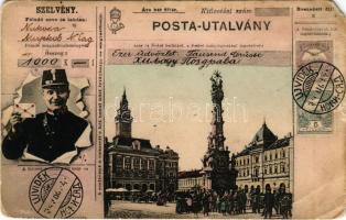 1906 Újvidék, Novi Sad; Szentháromság szobor. Posta-Utalvány szelvény, montázs postással. Milan Ivkovic / Trinity statue. Art Nouveau montage with postman (EM)