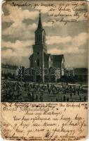 1901 Nagybecskerek, Zrenjanin, Veliki Beckerek; római katolikus templom, piac. Photogr. Oldal / Roman Catholic church, market (szakadások / tears)