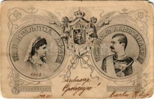 1903 I. Sándor szerb király és Draga királyné, címer, Tempus et Meum Jus / Serbian King Alexander I and Queen Draga, coat of arms (EM)