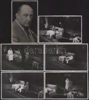 cca 1940 Mihályffy Béla (1891-1948) színész portréja, a hátoldalon feliratozott, pecséttel jelzett fotólap, 13x8 cm + 5 db színdarab jeleneteit ábrázoló fotólap, jelzés nélkül, 8,5x13,5 cm
