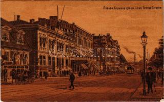 1915 Liepaja, Liepoja, Lipawa, Libau; Grosse Strasse / street view, pharmacy, tram, shops. Druck u. ...