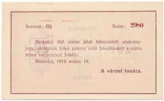 1919. Miskolc 1919.05.14. 20K "Miskolcz város" utalvány-jegye, "G) 2980" T:AU
H...