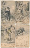 4 db RÉGI (1905) előtti képeslap: szerelmes párok, hölgyek, azonos levelezésből (1902) / 4 pre-1905 postcards: love couples, ladies, from the same correspondance (1902 )