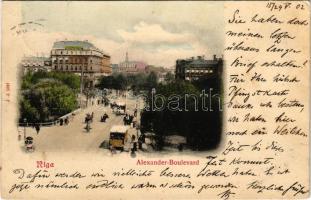 1902 Riga, Alexander-Boulevard / street, horse-drawn tram (small tear)