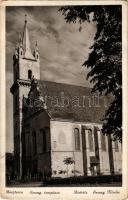 1941 Beszterce, Bistritz, Bistrita; Evangélikus templom, Zikeli Gusztáv kiadása / Lutheran church, hotel, shops (gyűrődések / creases)