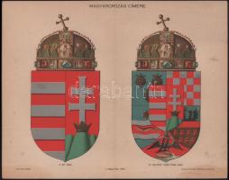 cca 1900 Magyarország kis- és középcímere litografált tábla a Pallas lexikonból 24x32 cm
