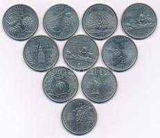 Amerikai Egyesült Államok 1999-2004. 1/4$ Cu-Ni "50 állam" (10xklf) T:XF egyiken durva ph-k USA 1999-2004. 1/4 Dollar Cu-Ni "50 states" (10xdiff) C:XF one with hard edge errors