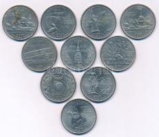 Amerikai Egyesült Államok 1999-2004. 1/4$ Cu-Ni "50 állam" (10xklf) T:XF egyiken durva ph-k USA 1999-2004. 1/4 Dollar Cu-Ni "50 states" (10xdiff) C:XF one with hard edge errors