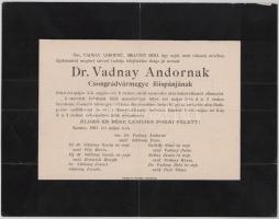 1901 Szentes, sajóvadnai Vadnay Andor (1859-1901) országgyűlési képviselő, Csongrád vármegye főispánjának halotti értesítője, kisebb lapszéli sérüléssel, 23x29,5 cm