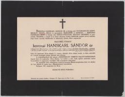 1912 Bp., bereznai Hanskarl Sándor (1843-1912) valóságos belső titkos tanácsos, cs. és kir. tábornok, hadbíró, a II. oszt. Vaskorona-rend lovagja, a Ferenc József-rend középkeresztese halotti értesítője, kisebb lapszéli sérülésekkel, 24x31 cm