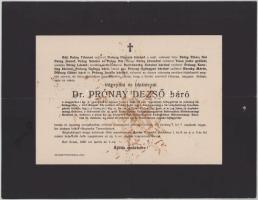 1940 Acsa, tótprónai és blatniczai báró Prónay Dezső (1848-1940) evangélikus egyházi felügyelő, főrendiházi tag, országgyűlési képviselő halotti értesítője, foltos, 23x30 cm