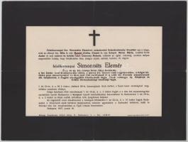 1937 Bp., felsőkorompai Simontsits Elemér (1869-1937) valóságos belső titkos tanácsos, Tolna vármegye főispánja, felsőházi tag, országgyűlési képviselő halotti értesítője, 23x30 cm