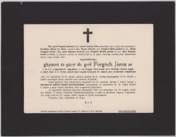 1935 Bp., ghymesi és gácsi gróf Forgách János (1870-1935) nyugalmazott nagykövet, főrendiházi és felsőházi tag, a Lipót-rend és a Ferenc József-rend nagykeresztjének tulajdonosa halotti értesítője, apró lapszéli sérüléssel, 23x29,5 cm
