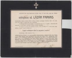 1918 Körösbánya, csiktaploczai Lázár Farkas (1830-1918) halotti értesítője, lapszéli hiánnyal, 24x30 cm