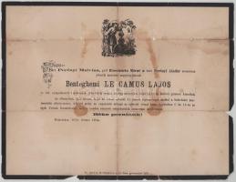 1870 Balavására, Benteghemi Le Camus Lajos nyug. cs. és kir. lovaskapitány halotti értesítője, sérült, foltos, 22x29 cm