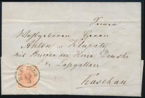 1857 3kr MP I típus levélen, "BARTFELD" - "KASCHAU"