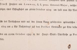 1819 Pest, Franz von Bogdanovich (Bogdanovich Ferenc) cs. kir. százados halotti értesítője, 16x21 cm