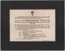 1920 Dőrypatlan, dezséri báró Rudnyánszky Dezső (1882-1920) földbirtokos, gyáros, ügyvéd, Dőrypatlan község bírája halotti értesítője, 23x29,5 cm