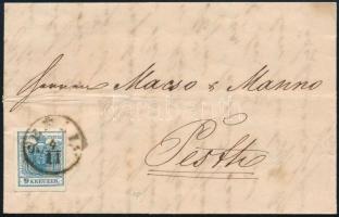 1855 9kr MP III világoskék bélyeg levélen, "SEMLIN" - "PESTH / Früh"