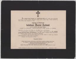 1912 Bp., beleházi Bartal Szilárd (1867-1912) m. kir. honvéd-lelkész, pápai káplán, a Koronás Arany Érdemkereszt és további kitüntetések tulajdonosa halotti értesítője, kis lapszéli sérülésekkel, 24x31 cm