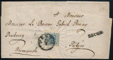 1854 9kr + 6kr ajánlott levélen, a hátoldali 6kr eltépve / torn, "PESTH" - Pöstyén