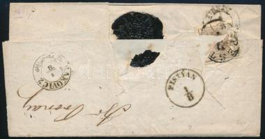 1854 9kr + 6kr ajánlott levélen, a hátoldali 6kr eltépve / torn, "PESTH" - Pöstyén