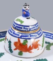1939 Herendi Poisson mintás tintatartó mandarin fogóval és tapper. Jelzett, aranyozáson kis kopással...