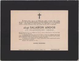 1914 Bp., alapi Salamon Andor (1870-1914), a m. kir. 1. honvéd tüzérezred századosa, osztályparancsnok halotti értesítője (a déli fronton szerzett sebesülés következtében a budapesti Vöröskereszt Erzsébet Kórházban hősi halált halt), kis lapszéli sérülésekkel, 24x31 cm