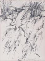 Feldmann Tibor (1945-?): Tájvázlat. Tus, papír. Jelzett. Üvegezett fakeretben. 19x13,5 cm.