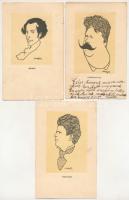 Zeneszerzők karikatúrái - 3 db RÉGI levelezőlap Major Henrik rajzai után. Nyomtatta és kiadta Kner Izidor, Gyoma. / Caricatures of composers - postcard series with 3 pre-1945 postcards