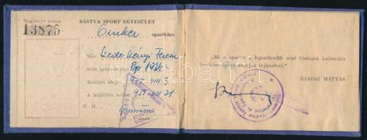 1955 Bástya SE tagsági könyv, bélyegekkel