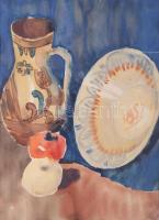 Török István (1906-1945), Vaszary János tanítványa a Képzőművészeti Főiskolán: Csendélet kancsóval és tányérral. Akvarell, papír, jelzett. Üvegezett fakeretben, 34,5×25 cm