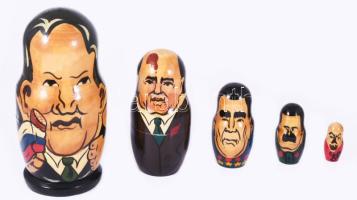 Jelcin, Gorbacsov, Brezsnyev, Sztálin, Lenin, stb. festett fa matrjoska babák 6 db 5-18 cm-ig
