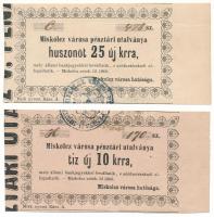 1860. Miskolc 10kr "Miskolcz város utalványa" bélyegzéssel, "12" után nincs pont + 25kr "Miskolcz városa pénztári utalványa" bélyegzéssel, "Misk" után nincs pont T:F szép papír Adamo MIS-2.1, MIS-2.3