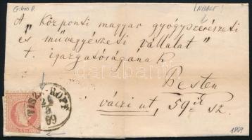 1869 5kr levélen, alul és a jobb oldalon ollóval vágva, "TISZA-ROFF" (Gudlin 400 pont) - "PEST / ESTE"