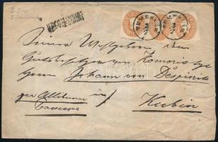 ~1862 2. zónás, 3 latos ajánlott levél 4 x 10kr bérmentesítéssel, a hátoldali bélyeg eltépve "TEMESVÁR" - "KUBIN"