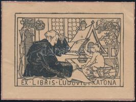 Telkessy Valéria (1870-1950): Ex libris Ludovici Katona. Vonalas klisé, papír, jelzett a klisén, kartonra kasírozva, 9x5,5 cm