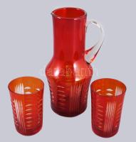 Vörösen pácolt kristály kancsó 2 pohárral, hibátlan, m: 12-25 cm