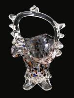 Anyagában színezett szakított üveg kosár asztaldísz, m: 17 cm