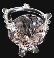 Anyagában színezett szakított üveg kosár asztaldísz, m: 17 cm