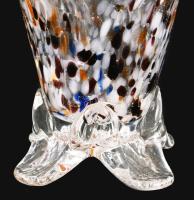 Anyagában színezett szakított üveg kosár asztaldísz, m: 17 cm