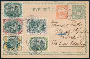 1917 Díjkiegészített díjjegyes levelezőlap rajta Hadsegélyező hivatali segélybélyegek, Kassára