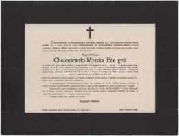 1928 Terlény (Trlinok), gróf Choloniewski-Myszka Ede cs. és kir. kamarás, valóságos belső titkos tanácsos, főszertartásmester, a cs. és kir. 1. ulánusezred nyug. őrnagya halotti értesítője, apró lapszéli sérülésekkel, 23x30 cm