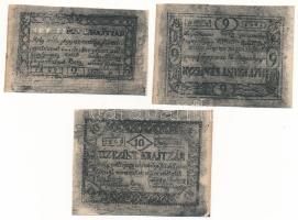 1849. 2kr + 6kr + 10kr "Bem" erdélyi szükségpénzek eredeti nyomólemezzel készült hamisítványai, vízjeles papíron T:F