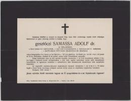 1929 Bp., gesztőczi Samassa Adolf (1867-1929) jogász, belügyminiszter, a Szent István-rend kiskeresztje, a III. oszt. Vaskorona-rend és további kitüntetések tulajdonosa halotti értesítője, kis lapszéli sérülésekkel, 23x30 cm