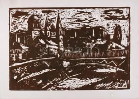 Végvári János (1927-1994): Esztergomi bazilika. Linómetszet, papír. Jelzés nélkül. Kartonra kasírozva. Lapszéli ázásnyomokkal. 35×52 cm